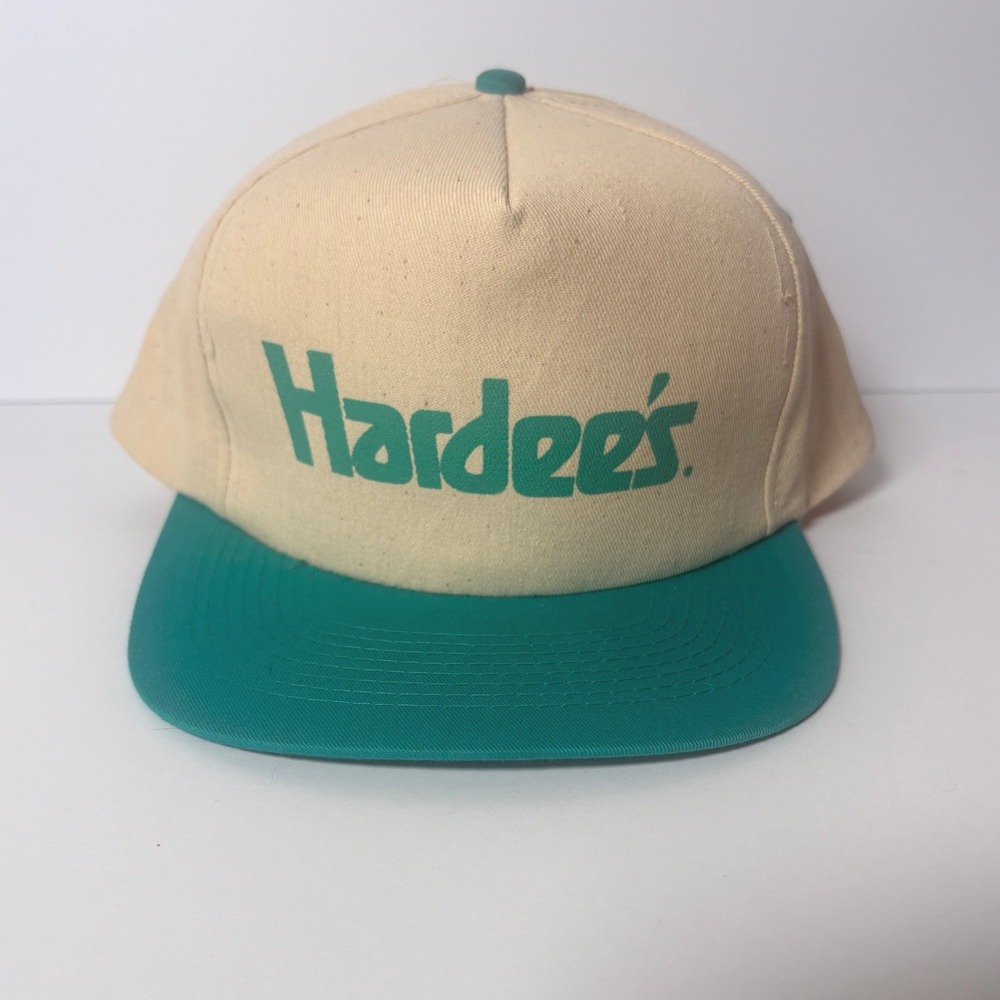 Vintage Hardees Snapback Hat Cream Teal Fast Food Promo Trucker Cap Mens OSFA